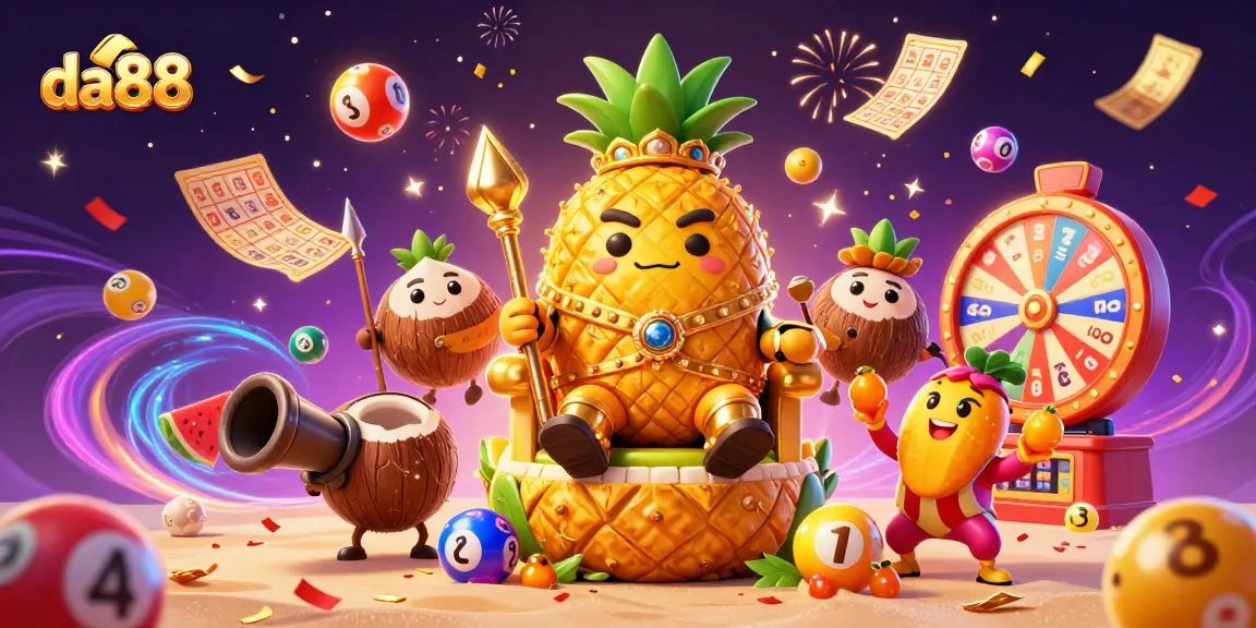 Engage in vibrant lottery action with da88's colorful characters and elements at an animated beach casino.