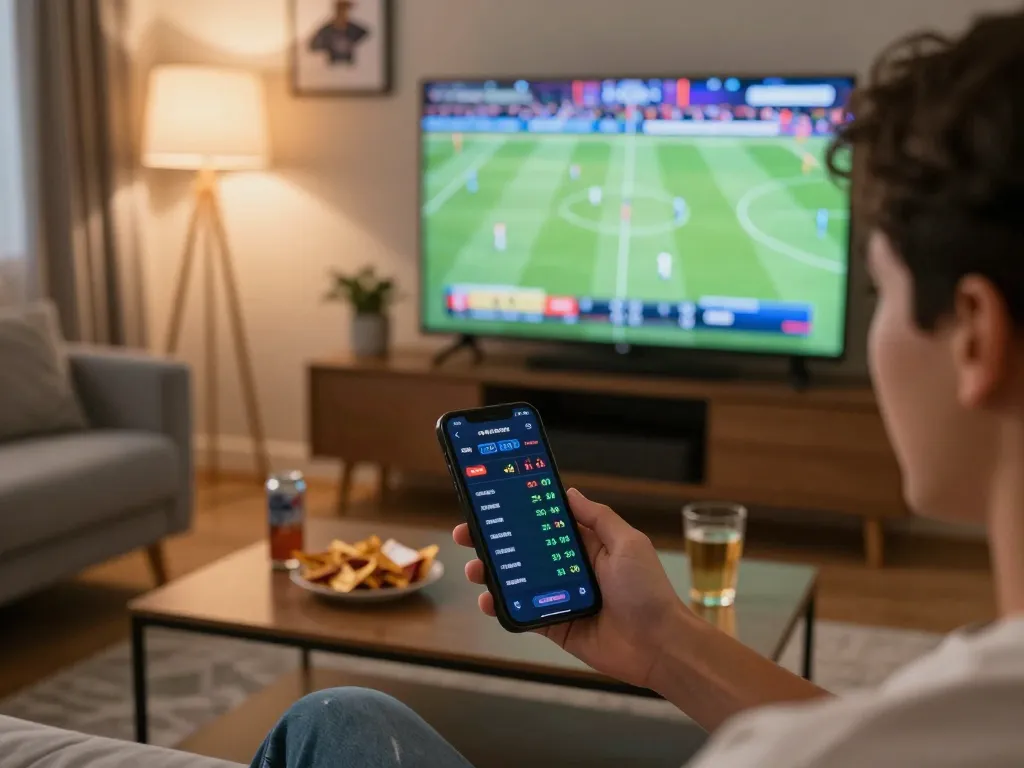 Successful betting on xx88 illustrated by a person using a smartphone in a cozy living room with live sports.