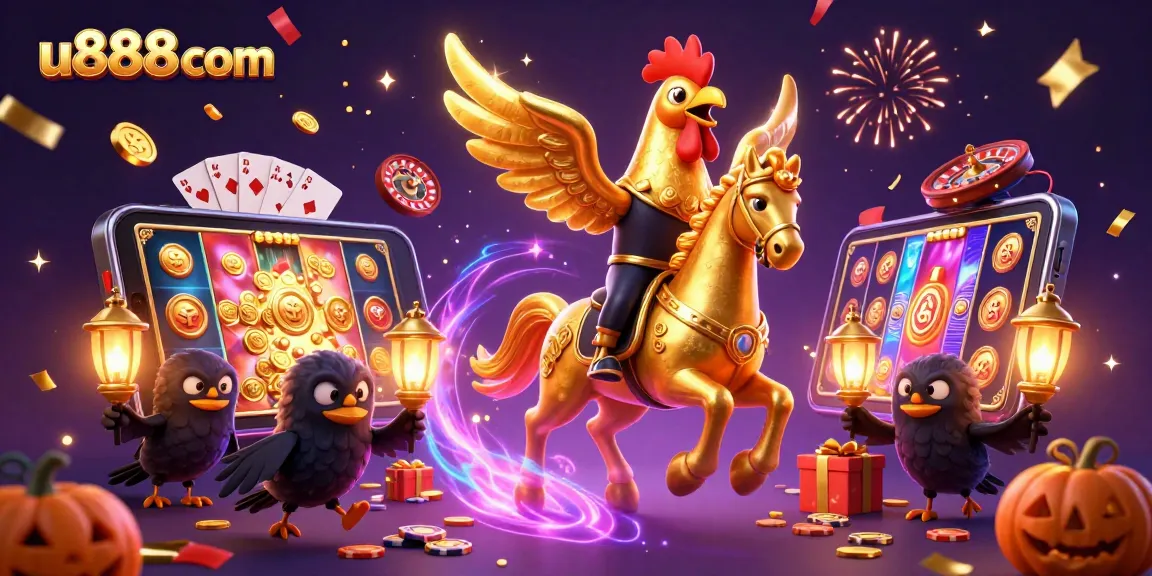 Engage in the exciting world of u888com with a golden rooster and mystical companions in a vibrant casino.