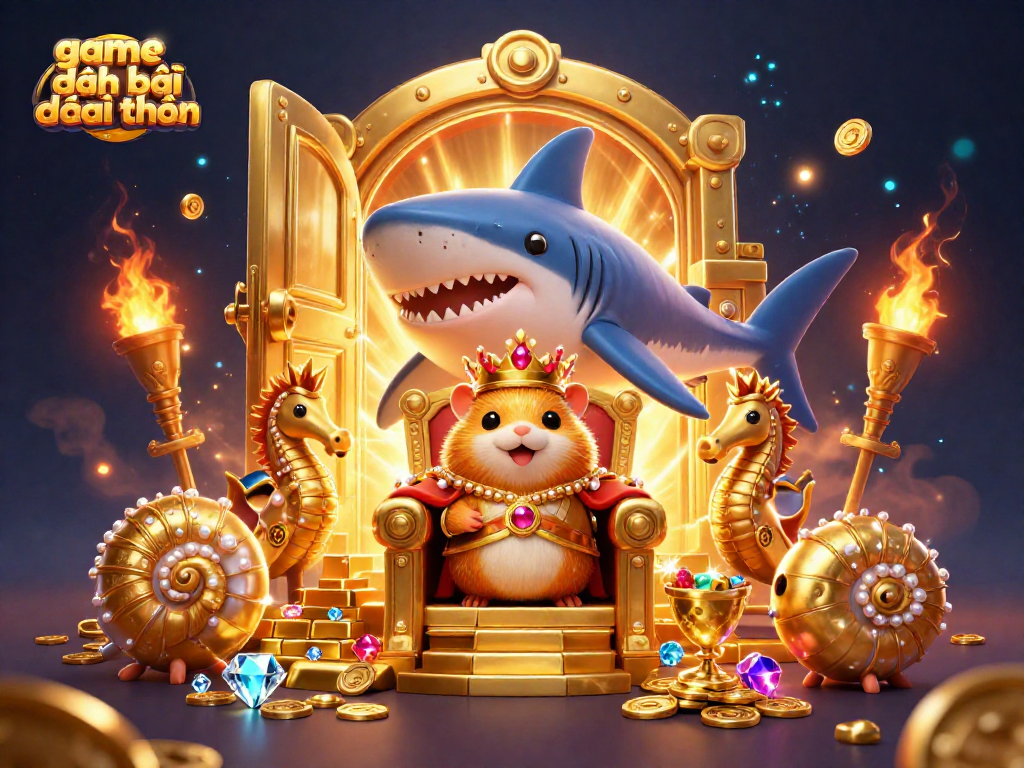 Engage in the exciting world of game đánh bài đổi thưởng with a fierce hamster king and treasure around him.
