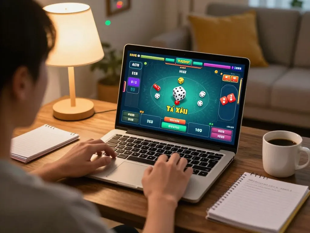 Tài xỉu online gameplay in a cozy home setting, highlighting strategic betting decisions.