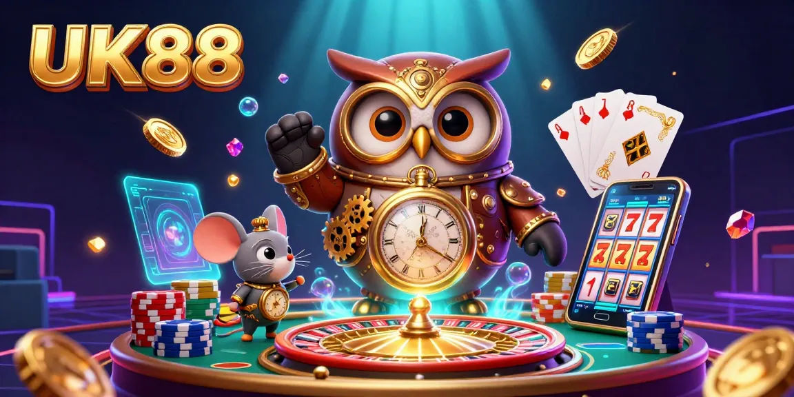 Engage with UK88's thrilling casino experience through an enchanting 3D scene featuring vibrant gaming elements.