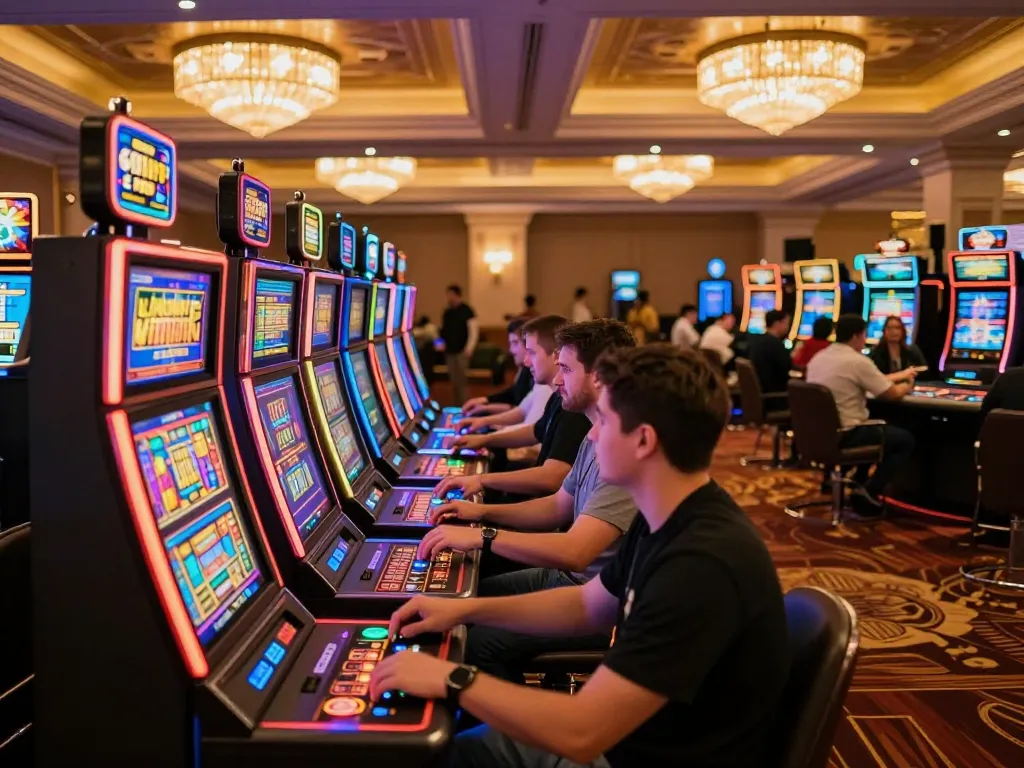 Players enjoying vibrant slot machines action at 78WIN casino.