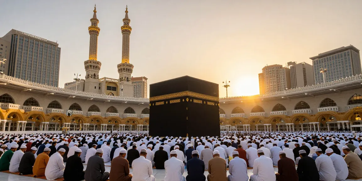 "Umroh Ramadhan experience: Devotees around the Kaaba at sunset, immersive travel adventure in Makkah."