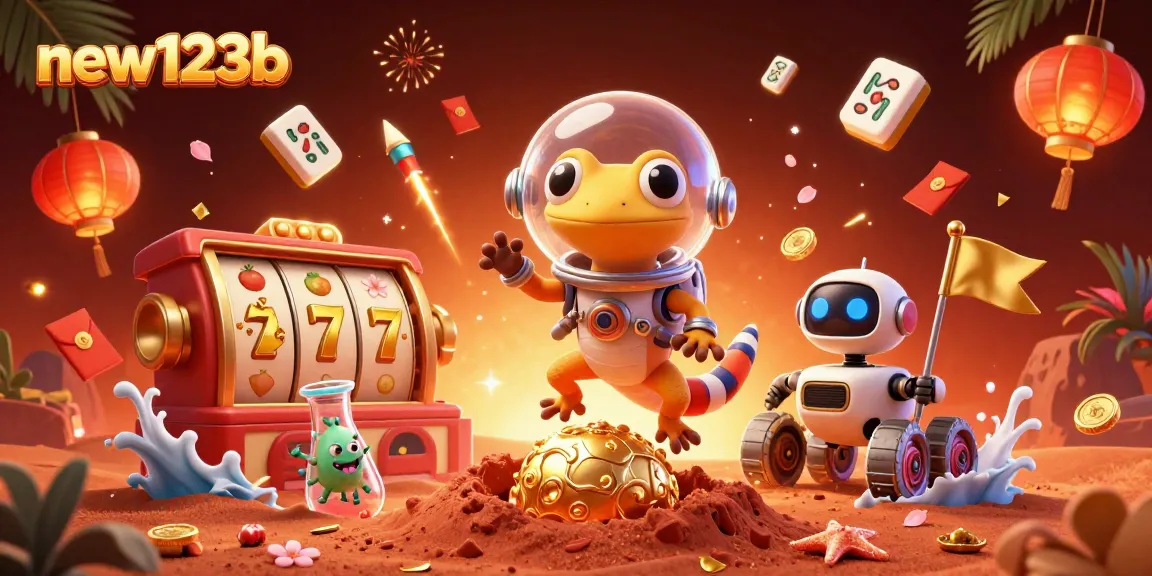 Experience thrilling gameplay at new123b with vibrant slot machines and a charming Martian gecko.