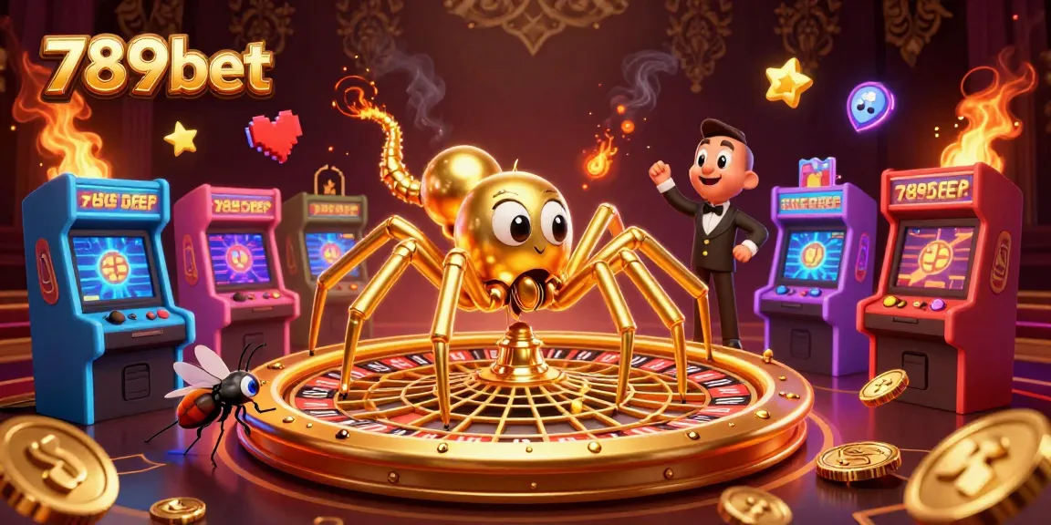 Experience the thrill of 789bet with a golden spider and a centipede croupier in a vibrant casino scene.