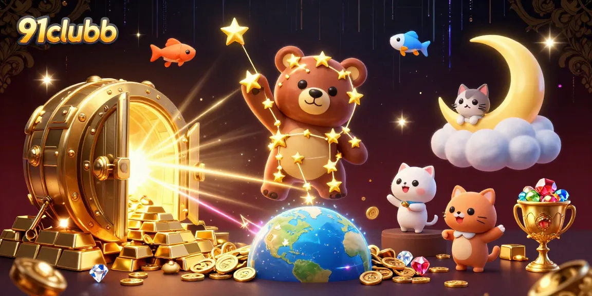 Engage with 91clubb in a vibrant 3D casino scene filled with gold treasures and whimsical characters.