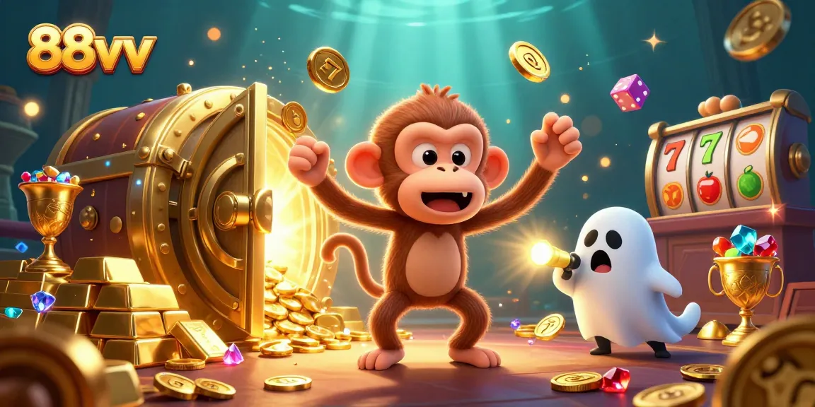 Experience thrilling fun at 88vv casino with a playful monkey juggler amid sparkling treasures.