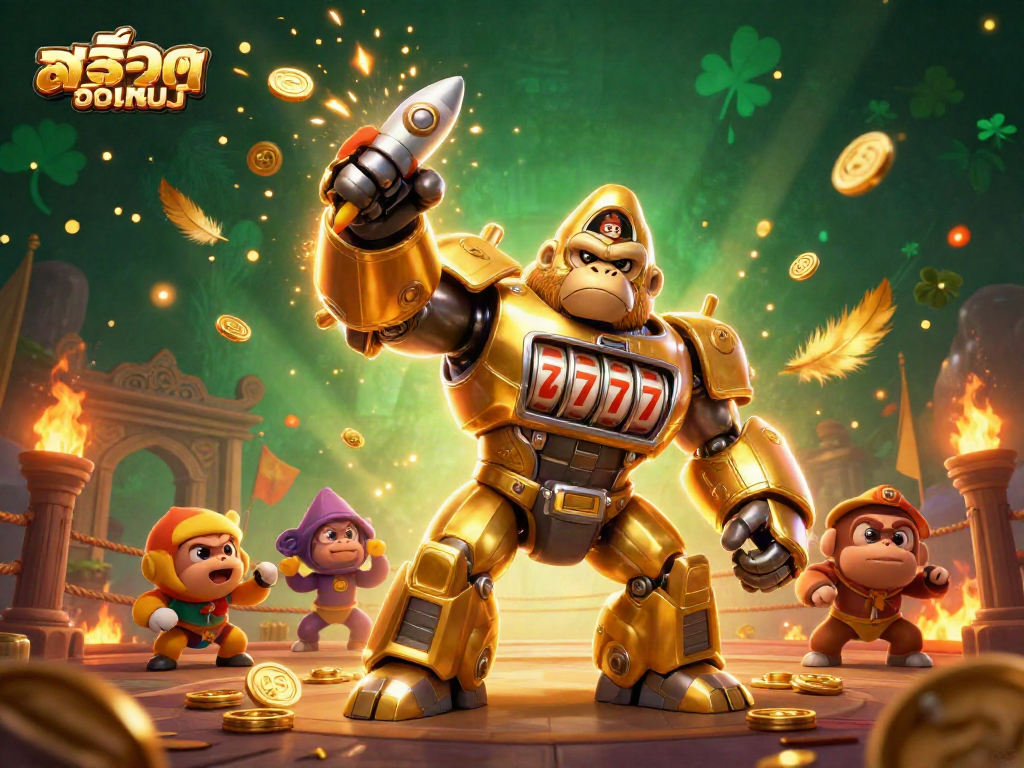 Experience the thrill of สล็อตออนไลน์ with a dynamic golden gorilla mech, capturing the excitement of 3D slots from a vibrant gaming perspective.