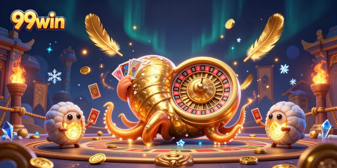 Engage with 99win's thrilling casino scene showcasing a giant nautilus roulette wheel and glowing ammonites.