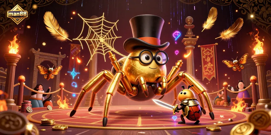 Engage with man88 as the golden tarantula weaves a web between casino pillars in this vibrant casino illustration.