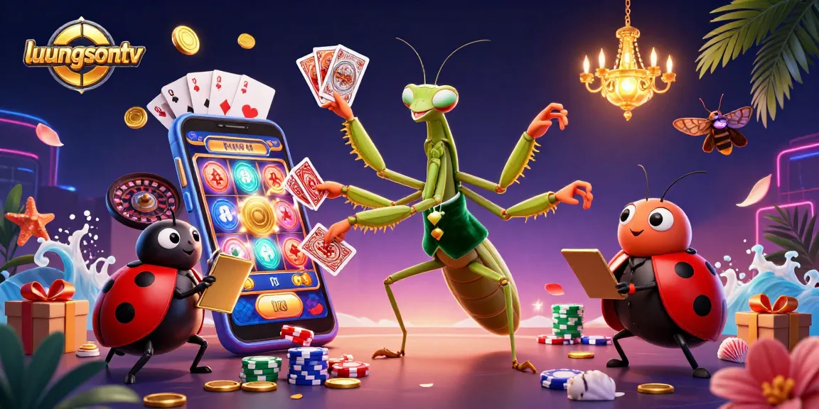 luongsontv showcases a vibrant casino scene with a giant mantis dealer and ladybug pit boss amidst energetic gambling elements.