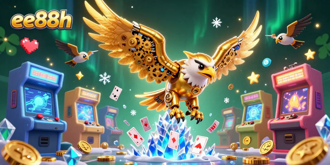 Engage with ee88h as the golden eagle dives through holographic playing cards in a lively casino scene.