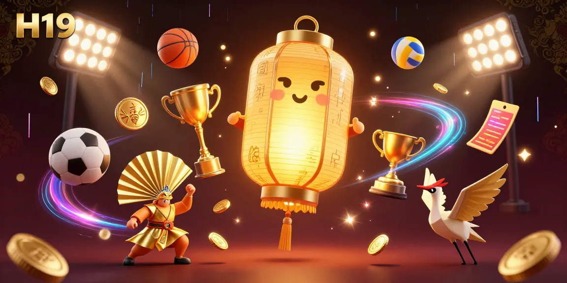Experience the H19 online casino with lively characters, gold coins, and sports-themed game elements.