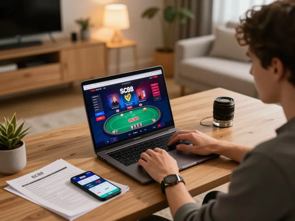 Player enjoying strategic gameplay on SC88 online casino interface from a cozy home office.