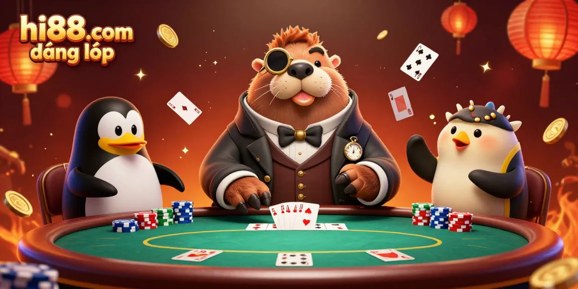 Engage with hi88.com đăng nhập at a vibrant casino scene featuring a jolly walrus, penguin dealer, and bluffing pufferfish.