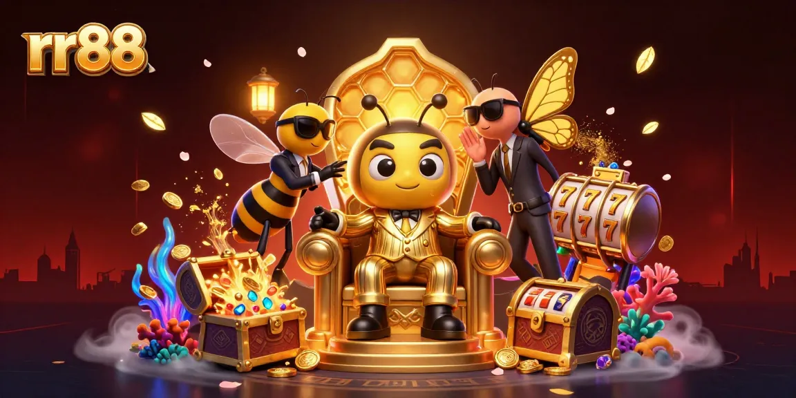 Bet on the rr88 casino with a lively gold-and-red illustration featuring exciting treasures.