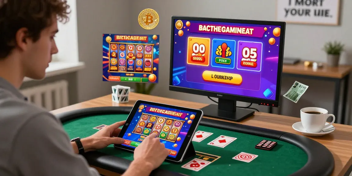 Excited player enjoying gameplay at non gamstop casinos, surrounded by vibrant game visuals and promotions.