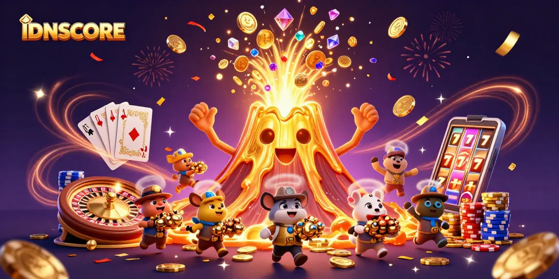 IDNSCORE showcases a golden volcano erupting treasure amidst dynamic casino elements.