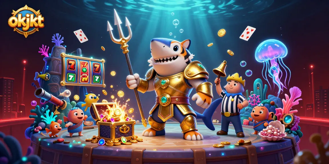 Menyusuri dunia okjkt dengan ikan hiu taring berpakaian gladiator, dilengkapi simbol permainan kasino menyala.