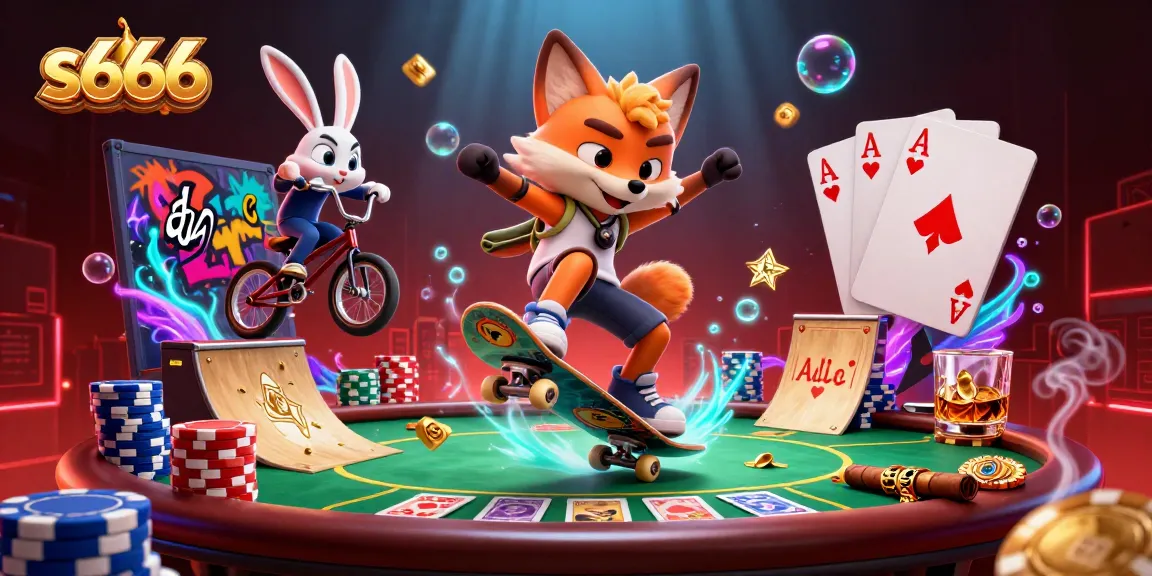 Experience exciting gaming at s666 with animated characters in a vibrant casino-themed illustration.