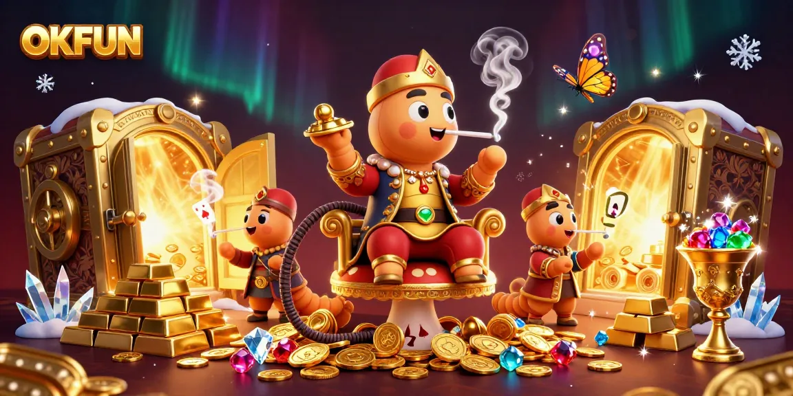 Win big with OKFUN at the vibrant casino, featuring a whimsical caterpillar master in a golden setting.
