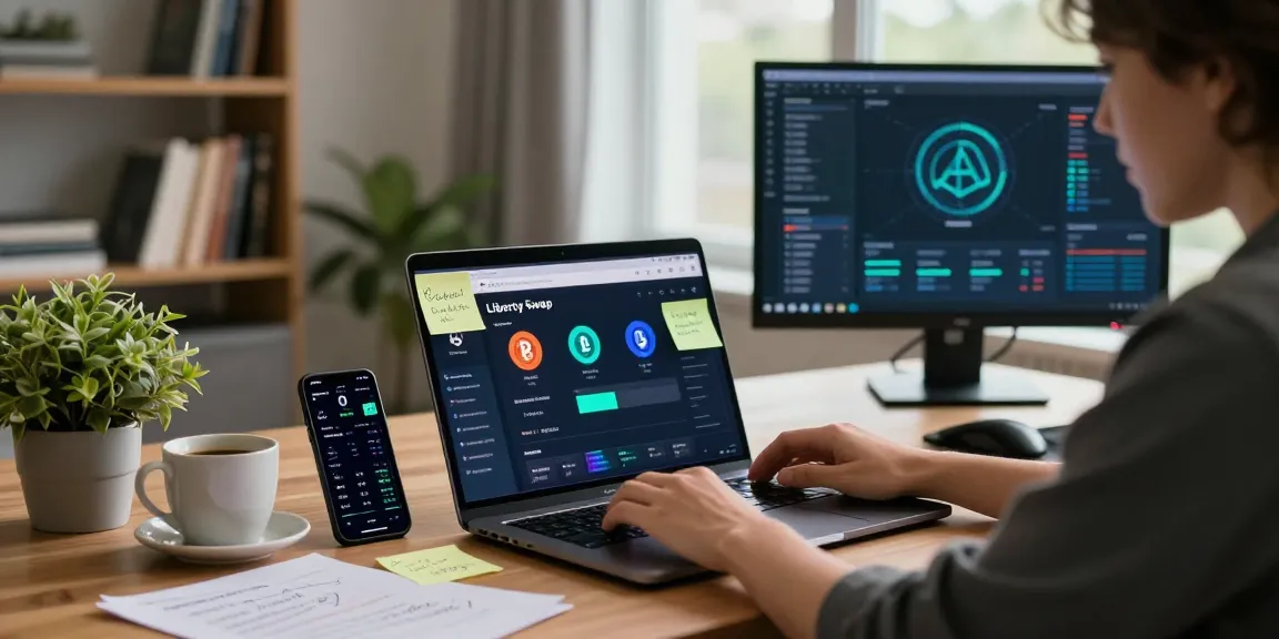 LibertySwap interface on laptop in a modern finance workspace showcasing cross-chain swap functionality.