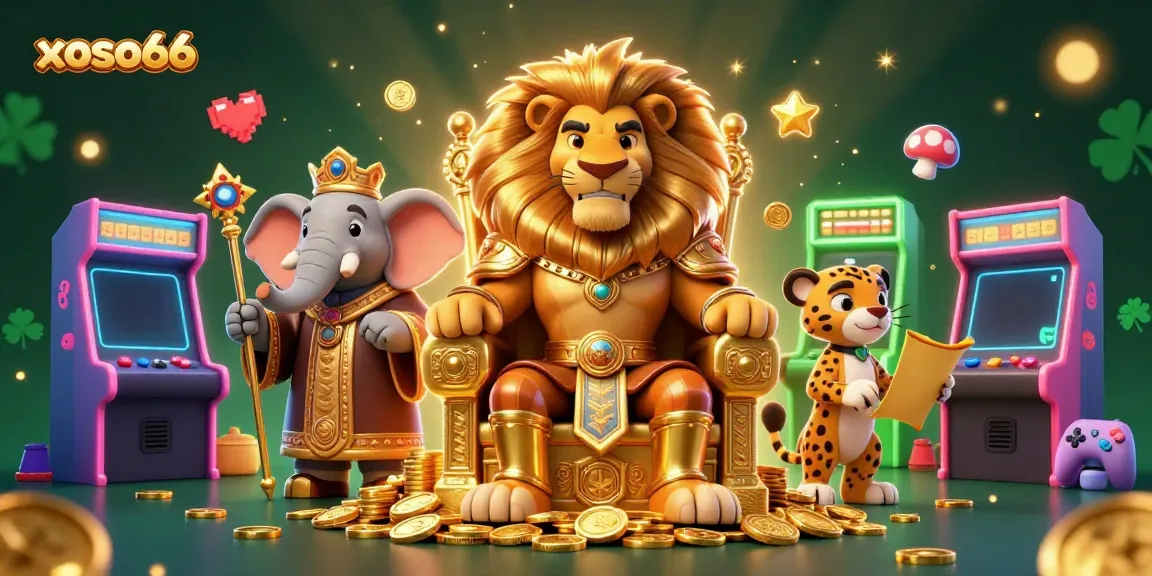 Experience xoso66's exhilarating gaming atmosphere with a lion king, elephant advisor, and cheetah messenger.