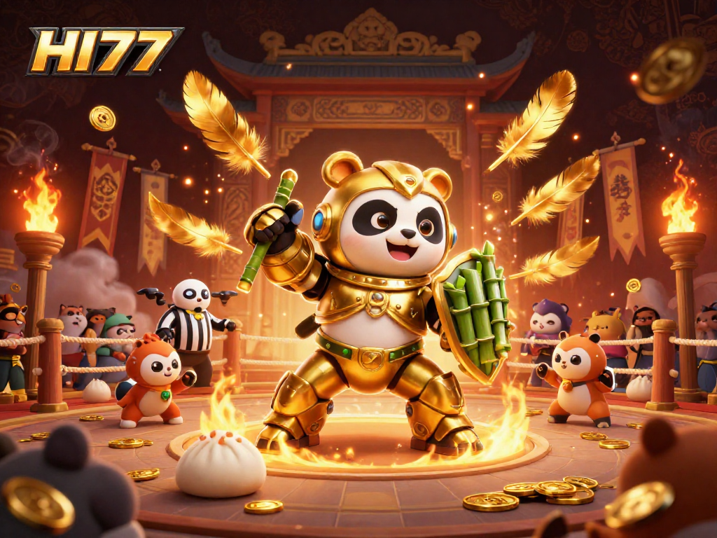 Engage with HI77’s thrilling gaming arena featuring a golden panda and bamboo robot amidst a festival of gaming.