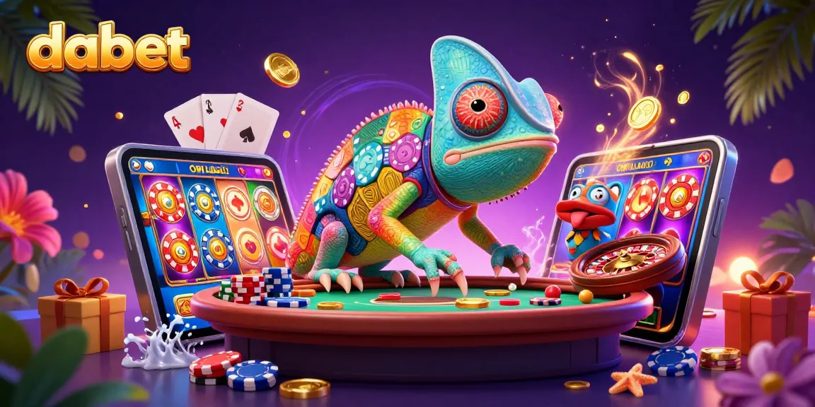 dabet depicts a colorful chameleon casino owner collecting golden coins while animated slots and games surround it.