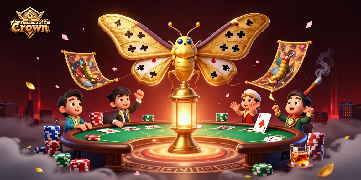 Engaging illustration of prisonersofthecrown themed poker game with a golden moth and vibrant casino elements.
