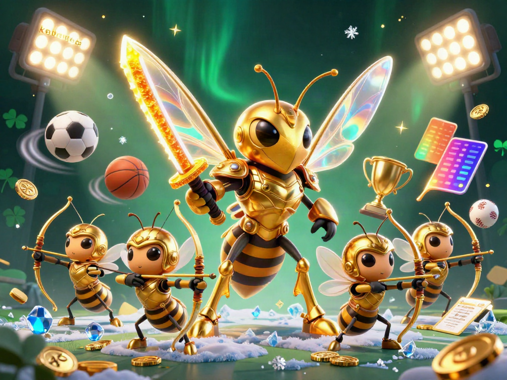 Witness the energetic scene of kèo bóng đá, showcasing a giant golden hornet in samurai armor and sports balls, perfect for gambling.