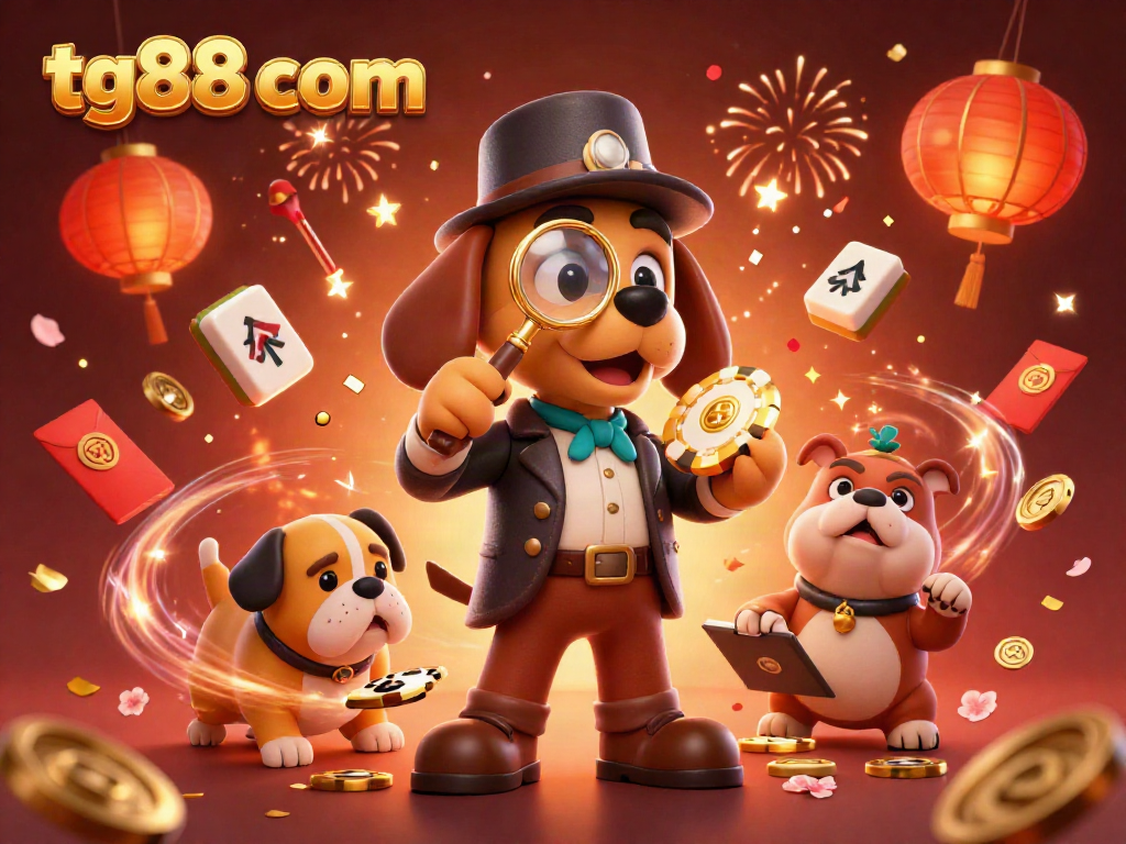 Engage with tg88 com's exciting casino experience featuring a detective uncovering poker chip clues amidst vibrant celebration elements.