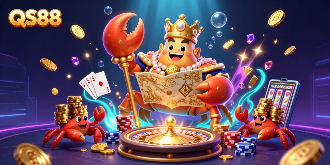 Experience thrilling gaming adventures with QS88, featuring the majestic crab emperor in a vibrant casino scene.