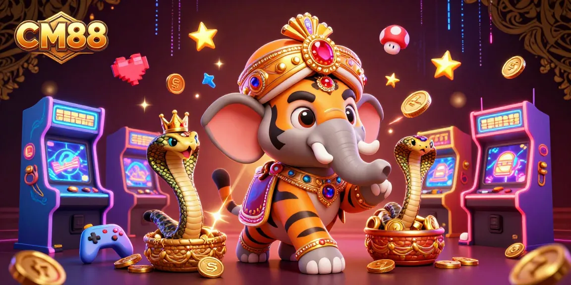 Engage in thrilling casino games with CM88 featuring a majestic maharaja tiger and vibrant arcade elements.