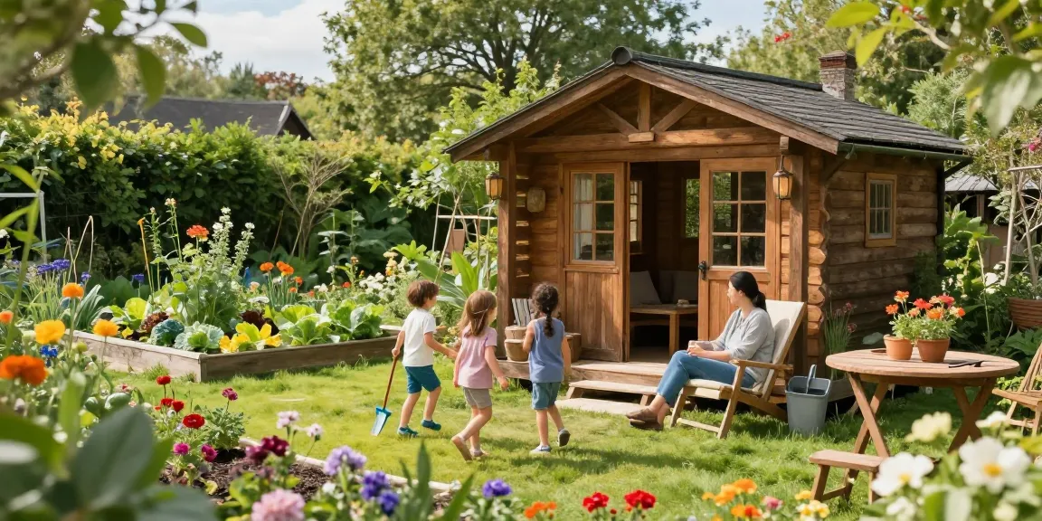 Ein Gartenhaus umgeben von Blumen und Grün, Familienaktivitäten im Freien.