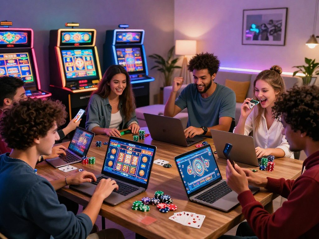 Un gruppo di amici che gioca nei siti non AAMS, circondati da giochi colorati e elementi da casinò in un ambiente accogliente.