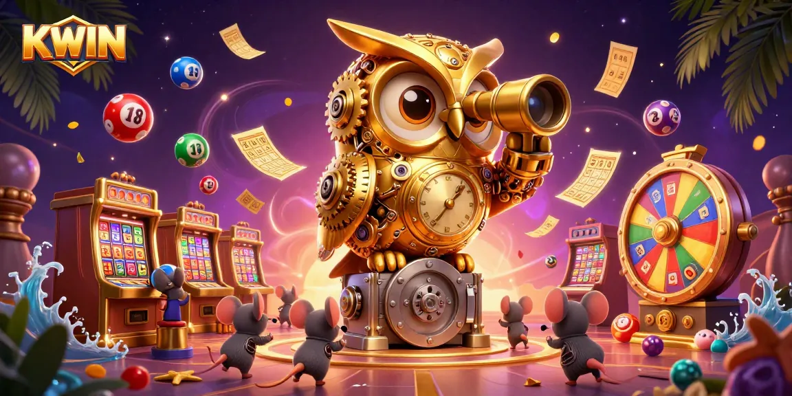 KWIN casino features a clockwork owl watching over vibrant game elements and dynamic lottery balls.