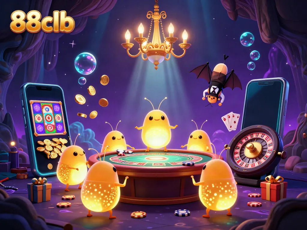 Engage with the 88clb casino experience in a vibrant cave setting featuring glowworms illuminating the scene.
