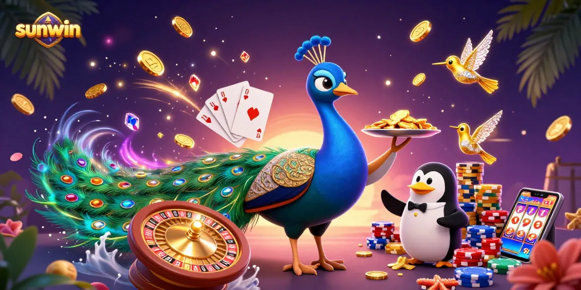 Win big with Sunwin showcasing an aristocratic peacock, vibrant casino elements, and exciting game atmosphere