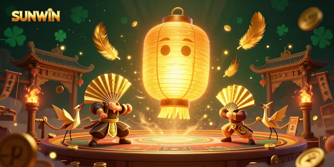 SUNWIN engages players at a vibrant casino scene with golden lantern spirits, fans, and swirling coins.
