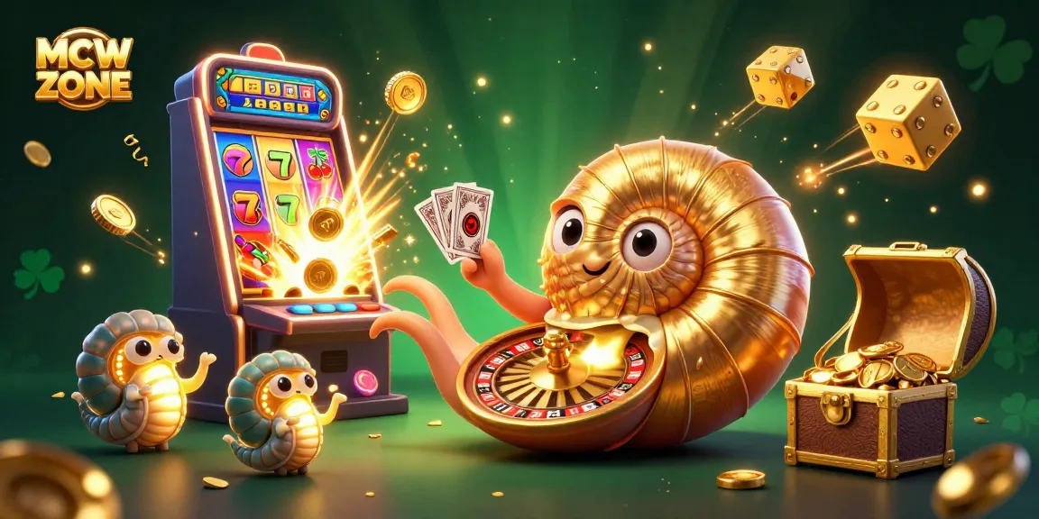 Engage in thrilling gameplay with MCW ZONE's colorful casino scene featuring a giant nautilus and exciting jackpots.