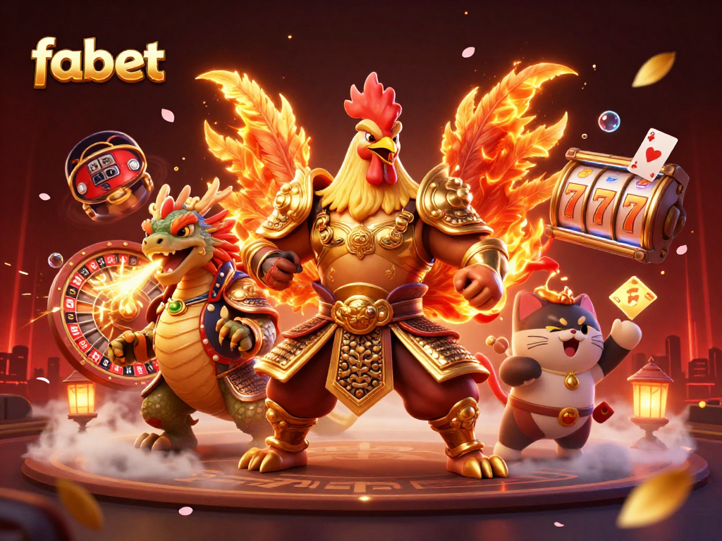 Engaging scene featuring fabet’s powerful rooster warrior and dragon hatchling amidst casino elements.