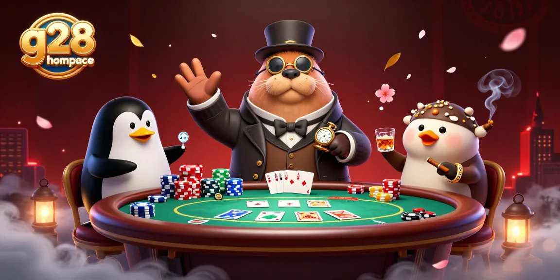 Engage in gambling action at the g28 homepage with a jolly walrus poker player and thrilling casino elements.