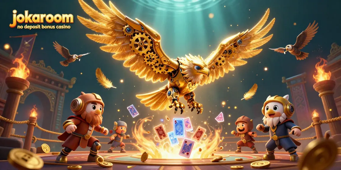 Dive into the action at jokaroom no deposit bonus casino with a cybernetic eagle and holographic cards.