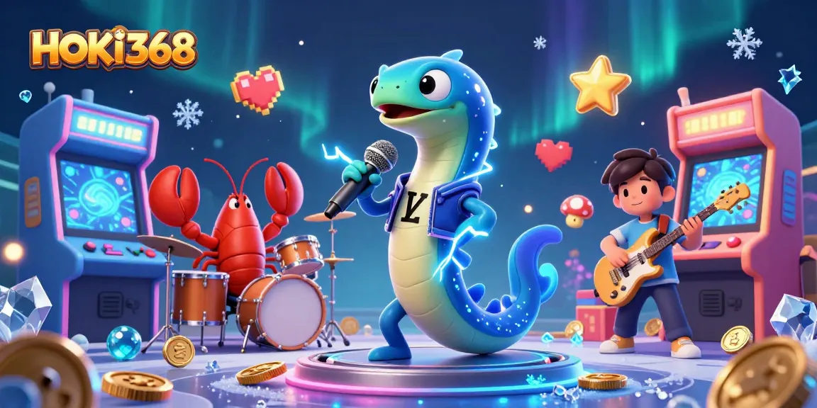 HOKI368 reveals vibrant underwater casino scene with electric eel DJ, lobster drummer, and seahorse guitarist.
