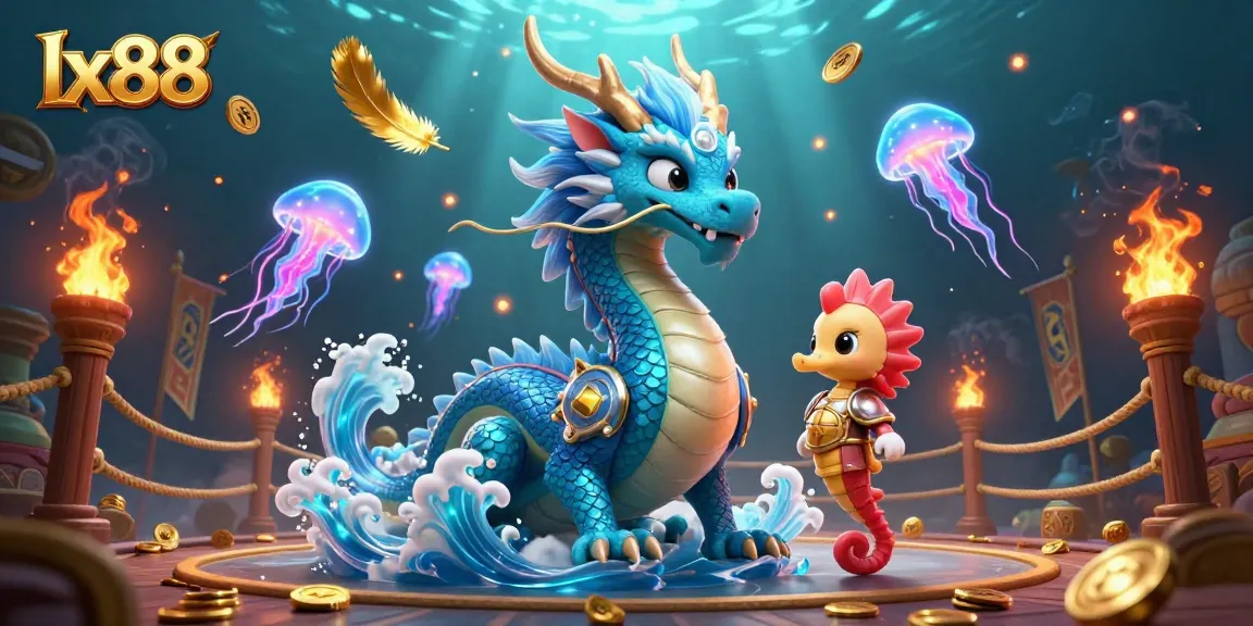 Immerse yourself in leaping wins with lx88 as a majestic azure dragon leads a vibrant underwater gaming scene.