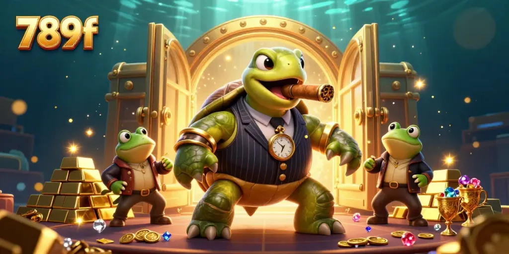 Engage with 789f's thrilling casino scene featuring a turtle mobster and bullfrogs in action.