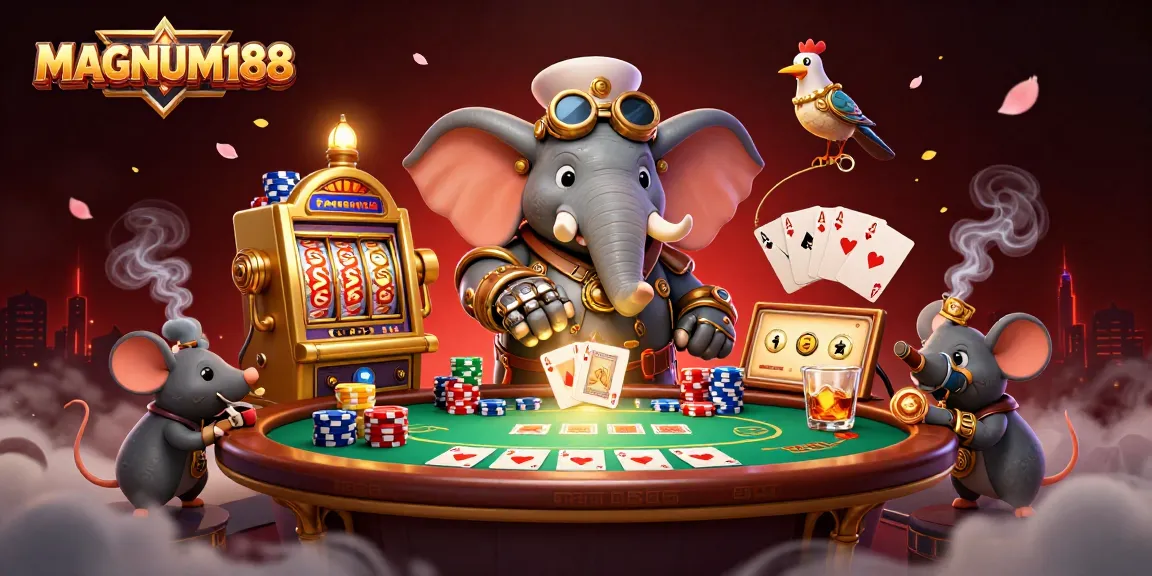 Spin the MAGNUM188 golden slot machine with steampunk elements and vibrant poker chips.