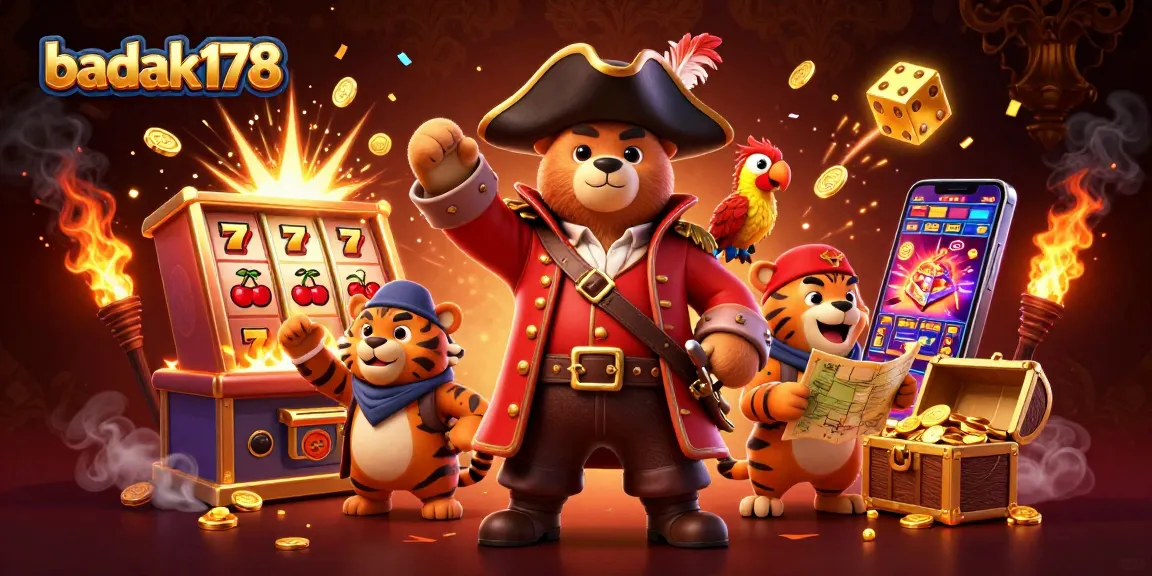 Experience thrilling jackpots at badak178, where a pirate bear and friends celebrate in a vibrant casino scene.
